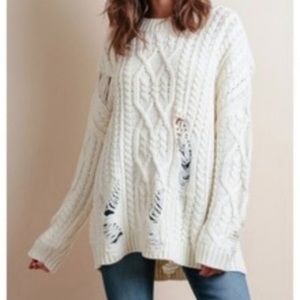 Revolve J.O.A. Ivory Cable Knit Distressed Oversized Sweater Sz XS